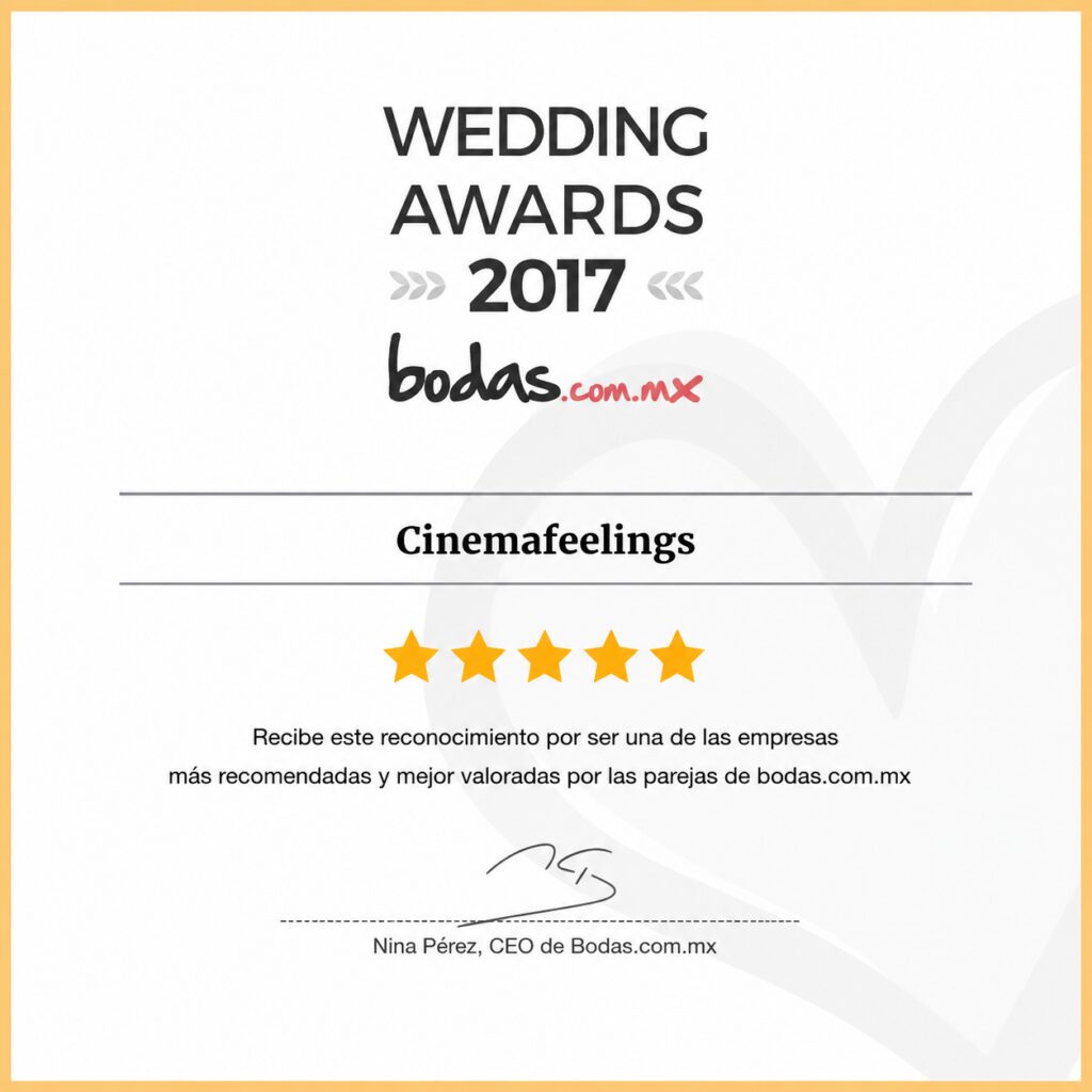 Wedding Awards 2017 de Bodas.com.mx otorgado a CinemaFeelings